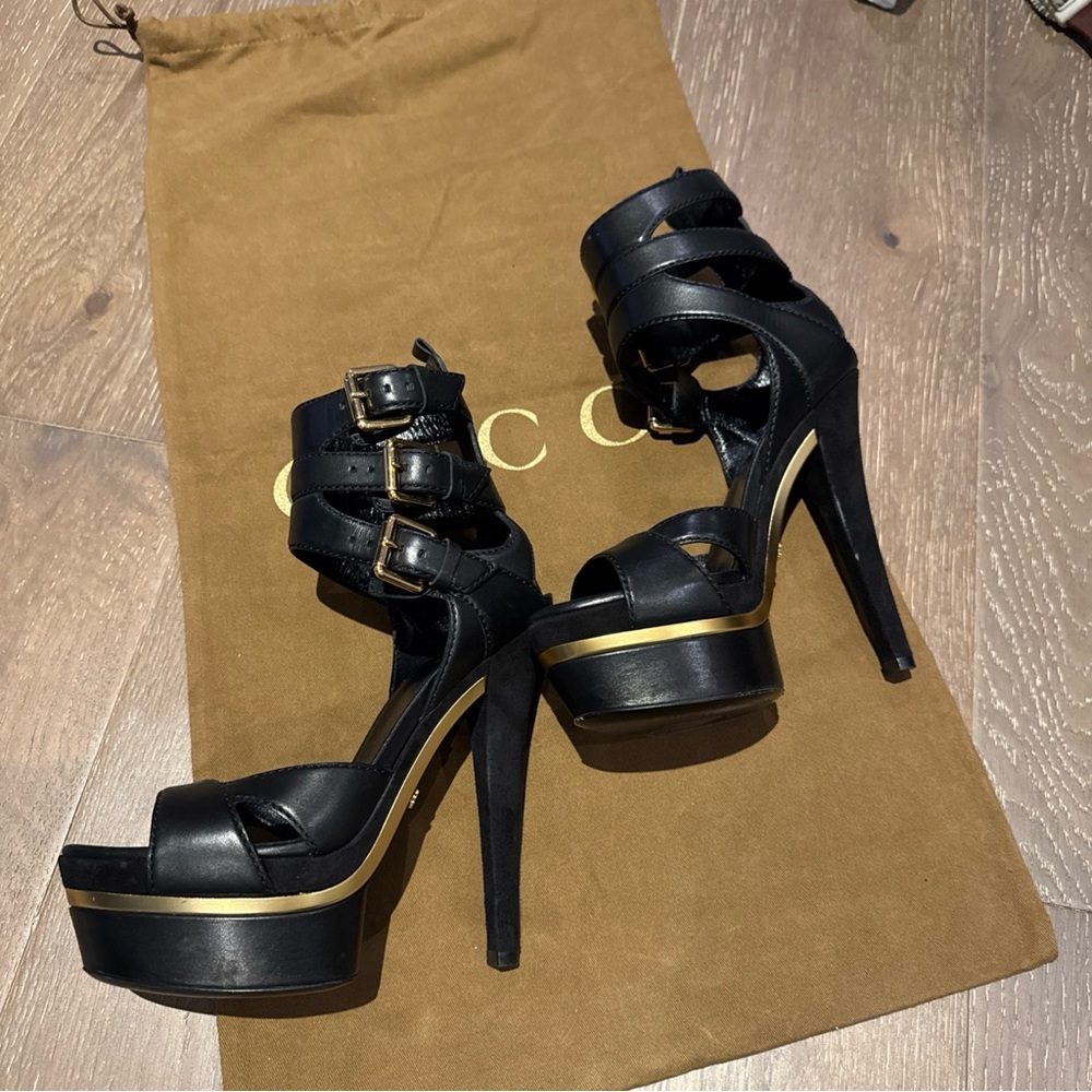 100% Authentic Gucci Iman Ankle Strap Leather Suede High Platform Heels Sz 36 - Picture 2 of 14